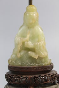 Chinese carved jade Guanyin statue made into a lamp