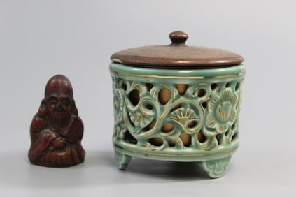 Japanese Celadon Incense Burner and a Pottery Figurine