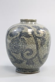 Japanese Blue and White on Crackle Glaze Porcelain Jar