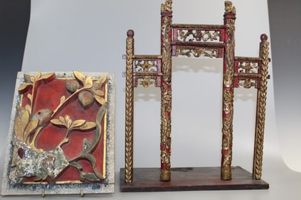 Chinese Gilt Carved Wood Temple Gate Model and Wall Plaque
