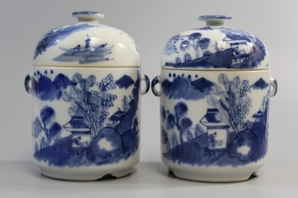 Pair of Chinese Blue and White Porcelain Tea Caddies