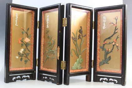 Chinese Lacquered Table Screen with Carved Jade and Coral Flowers Decorations