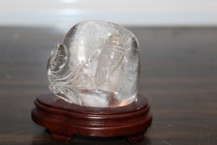 Chinese carved rock crystal figure of cicada and lingzhi mushroom on wood stand