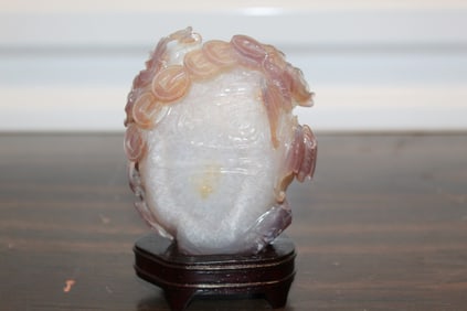 Chinese carved chalcedony agate stone figure of bats holding coins