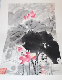 Chinese ink and water color painting of lotus on paper
