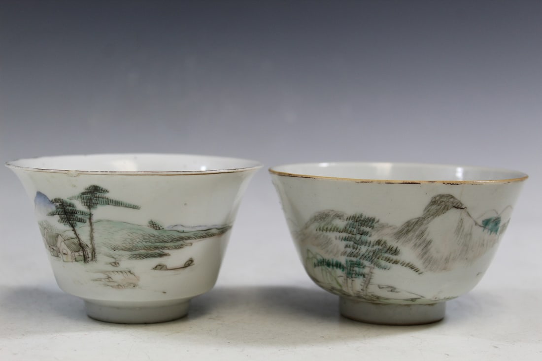 Two Chinese Famille Rose Porcelain Tea Cups: Two Chinese Famille Rose Porcelain Tea Cups. Diam 4". H 2.5". As Is.