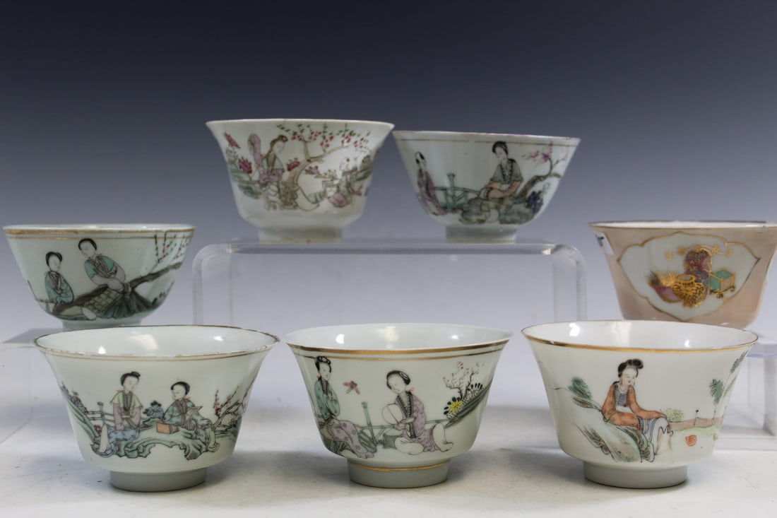 Group of Seven Chinese Famille Rose Porcelain Tea Cups: Group of Seven Chinese Famille Rose Porcelain Tea Cups. Largest Diam 4". As Is.