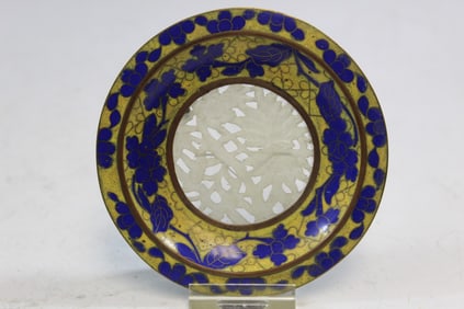 Chinese Cloisonne Dish with Jade Inlay