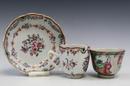 Two Chinese Export Porcelain Cups and a Saucer