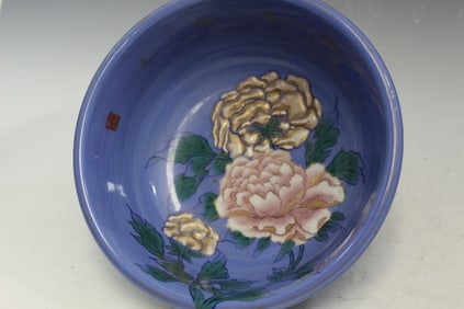 Japanese Blue Glazed Porcelain Bowl with Flowers and Dragon Decorations