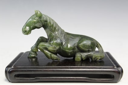Chinese Carved Spinach Jade Horse Figure on Wood Stand