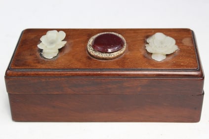 Chinese Wood Box with White Jade Flower Buttons Decoration
