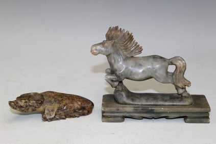 Two Chinese Carved Soapstone Animals