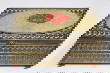 Metal Jewelry Box with Inlaid Carved Chinese Jade Plaque.