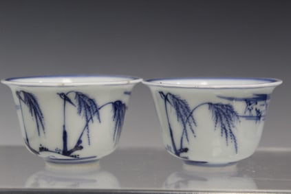 Pair of Chinese Blue and White Porcelain Tea Cups