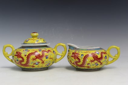 Chinese Yellow Glazed Creamer and Sugar Bowl