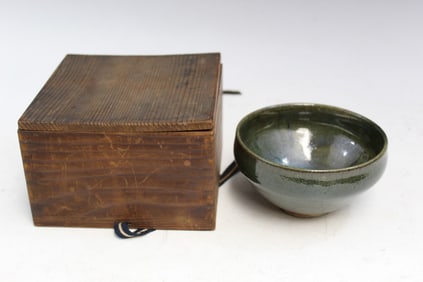 Japanese Dark Glazed Pottery Tea Cup in Wood Box