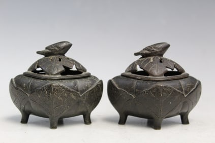 Pair of Japanese Bronze Small Incense Burners
