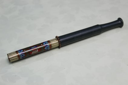 Chinese Cloisonne and Spinach Jade Cigarette Holder