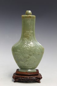 Chinese Carved Celadon Jade Vase on Wood Stand