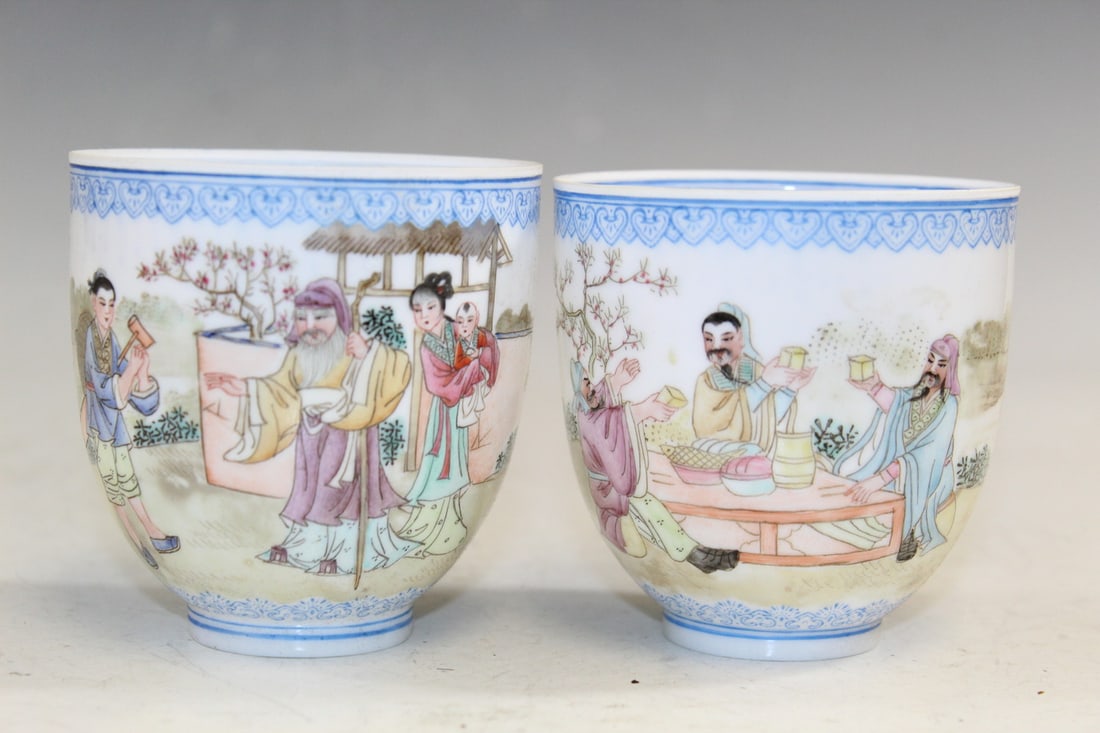 Two Chinese Egg Shell Famille Rose Porcelain Cups: Two Chinese Egg Shell Famille Rose Porcelain Cups. H 3".