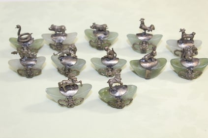 Chinese Silver and Jade Zodiac Animal Chopstick Holders