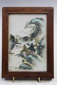 Chinese Famille Rose Porcelain Plaque in Huanghuali Wood Frame