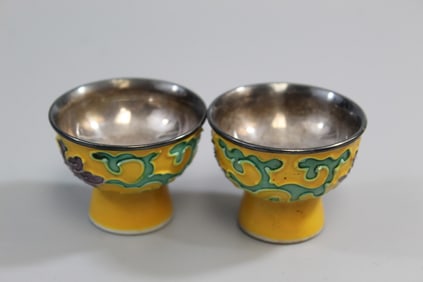 Pair of Chinese Sancai Porcelain Siver Sake Cups