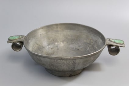 Chinese Pewter Bowl with Jadeite Inlay