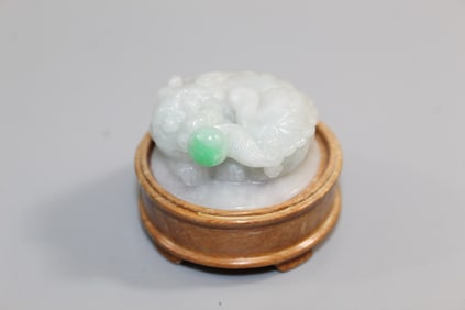 Chinese Carved Jadeite Pendant on Wood Stand