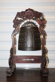 Chinese Bronze Temple Bell with Carved Wood Stand