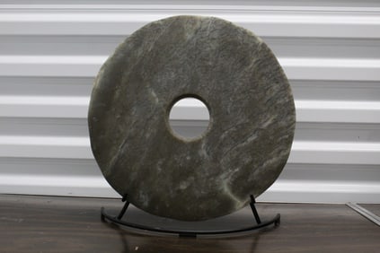 Large Chinese Jade Bi with Metal Stand