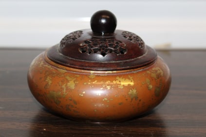Chinese Gold Splash Bronze Incense Burner with Wood Lid
