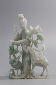Chinese Carved Jadeite Statue of a Lady with A Deer and A Crane.