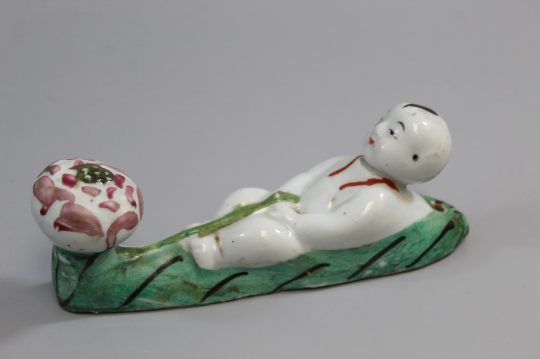 Chinese Famille Rose Porcelain Hook In The Shape of a Boy: Chinese Famille Rose Porcelain Hook In The Shape of a Boy. L 6".