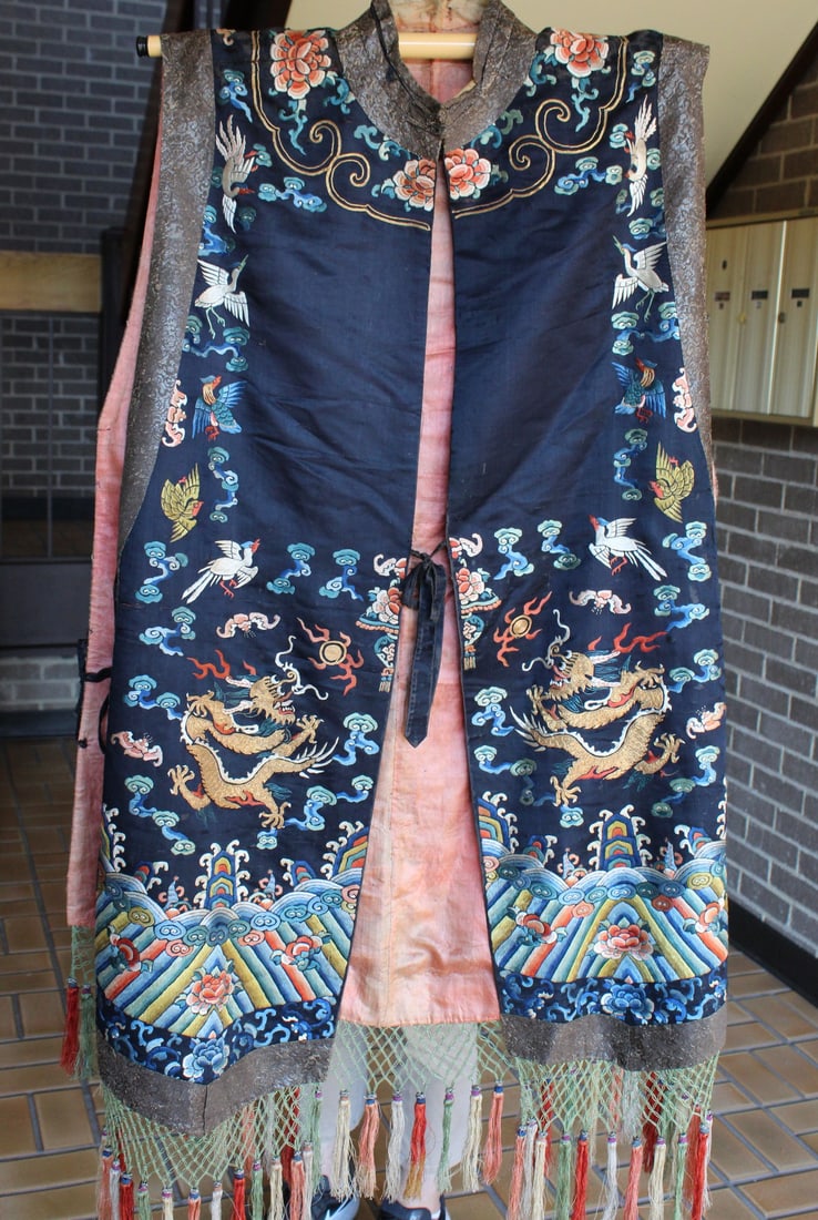 Chinese Imperial Silk Embroidery Vest: Chinese Imperial Silk Embroidery Vest. H46". Shoulder 19".