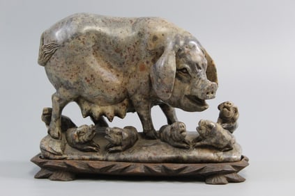 Chinese Carved Soapstone Pig and Piglets