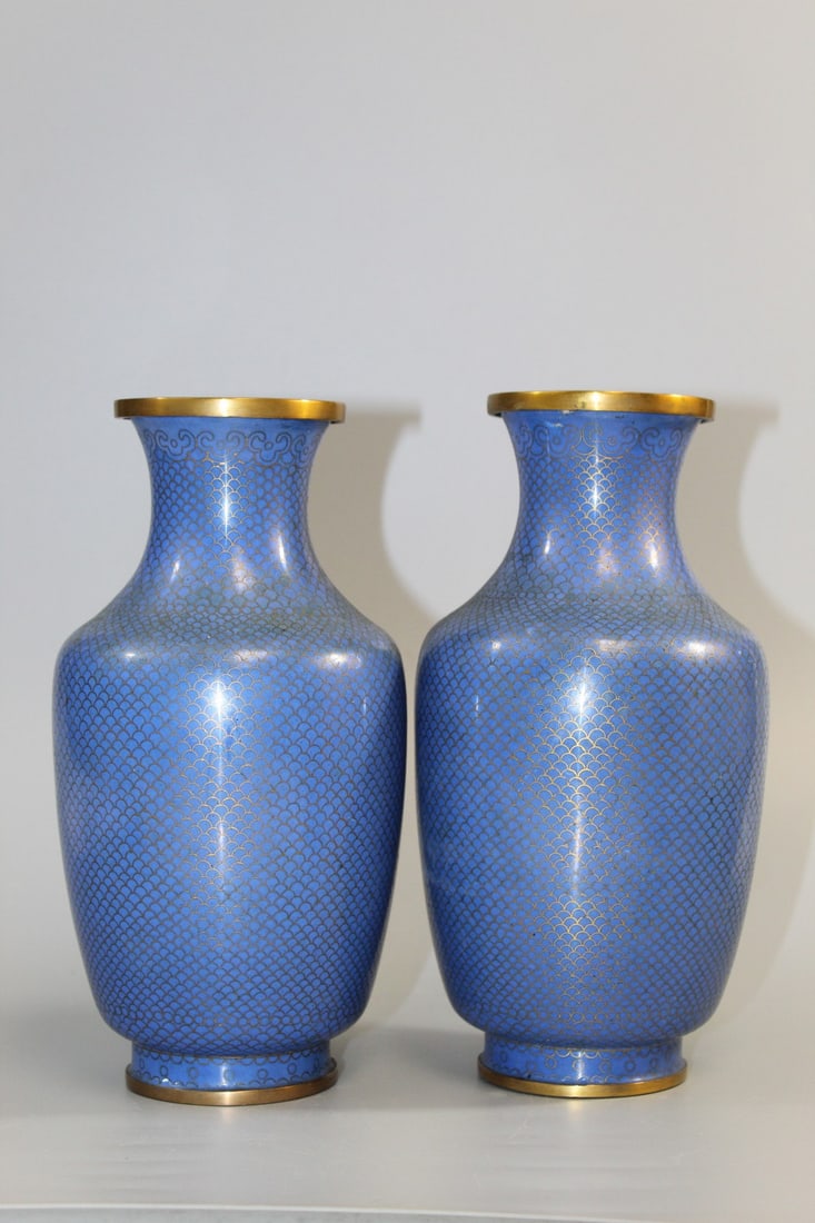 Pair of Chinese Cloisonne Vases: Pair of Chinese Cloisonne Vases. H 9".