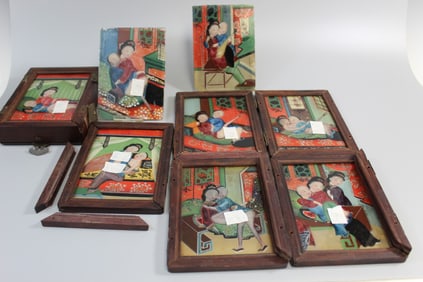 Chinese Dresser Box with 12 Erotic Scene Reverse Glass Paintings
