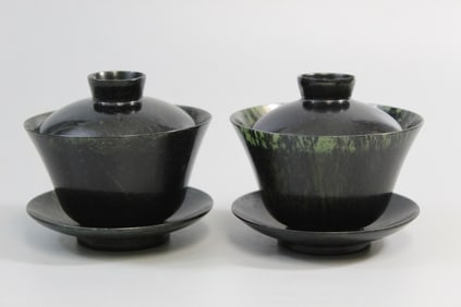 Pair of Chinese Carved Spinach Jade Cups