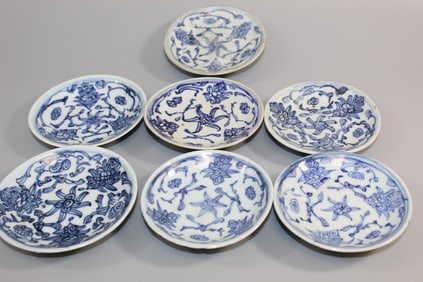Seven Chinese Blue and White Porcelain Saucers