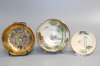 Two Japanese satsuma Bowls and a Saucer