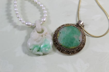 Two Necklaces wit Chinese Carved Jadeite Pendants