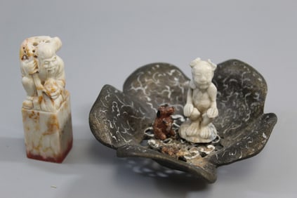 Chinese soapstone Seal and Metal Incense Holder Tray