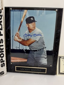 Signed Mickey Mantle photo plaque with COA