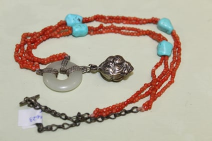 Chinese White Jade and Silver Pendant Coral Beads Necklace