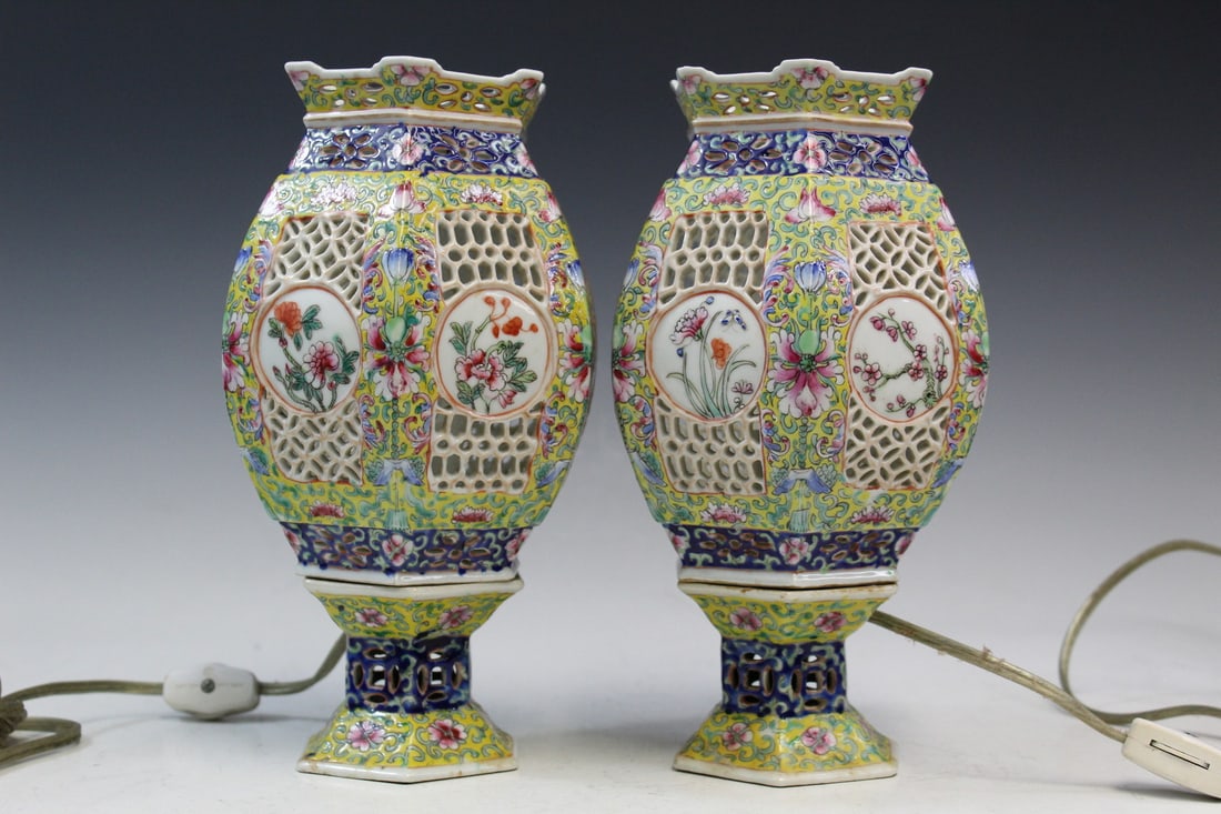 Pair of Chinese Famille Rose Porcelain Lantern Lamps (1 of 8)