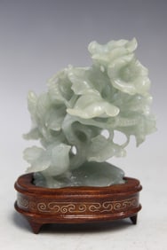 Chinese Carved Jade Bird and Flowers on Wood Stand.