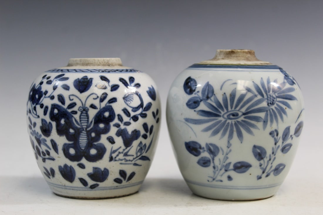 Two Chinese Blue and White Porcelain Jars: Two Chinese Blue and White Porcelain Jars. Bigger H 4".