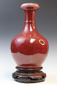 Chinese Red Glazed Porcelain Vase on Wood Stand
